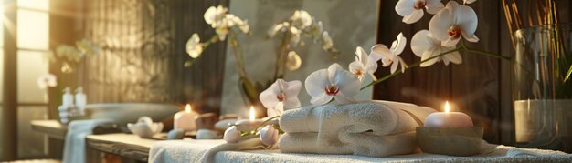 Foto een rustige spa met witte handdoeken.