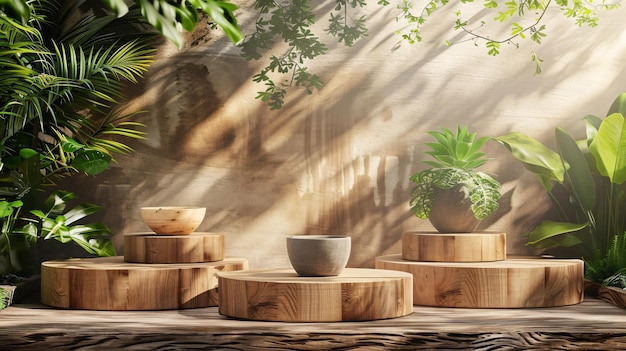 Een rustige tentoonstelling van potplanten op houten platforms