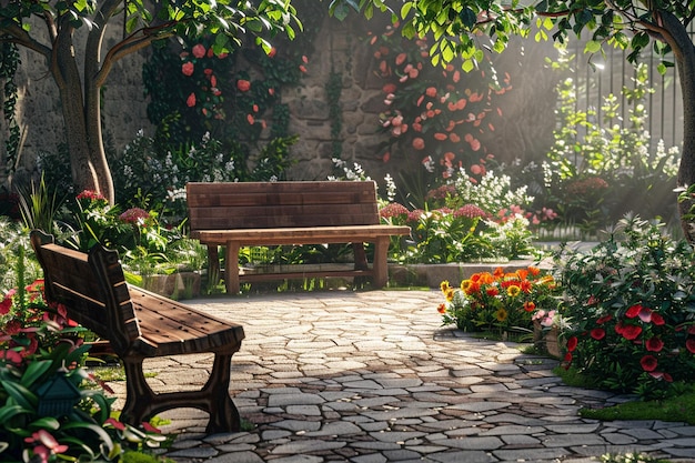 Foto een rustige tuin met bloeiende bloemen en een bank