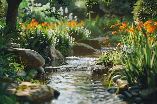 Een rustige tuin met een druppelende beek