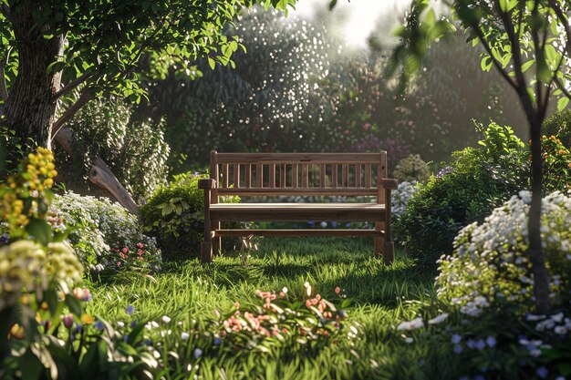 Een rustige tuin met een houten bank