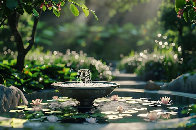 Een rustige tuin oase met een borrelende fontein o