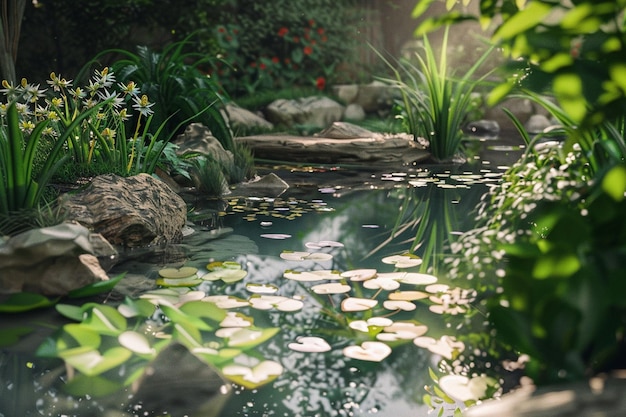 Een rustige tuin vijver levend met de geluiden van na