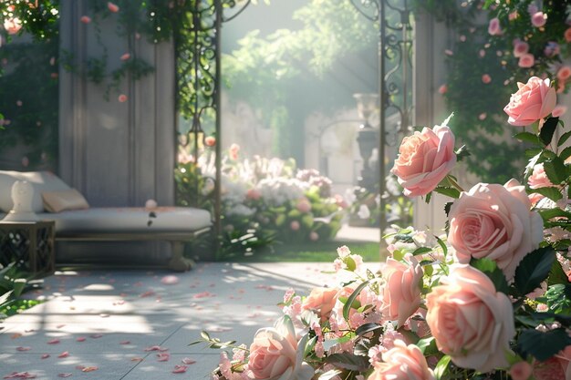 Een rustige tuin vol geurige rozen.