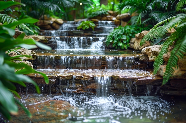 Een rustige tuinwaterval, omringd door weelderige groene varens en mosrijke rotsen Een vreedzaam natuurlandschap