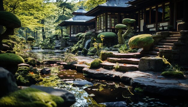 Foto een rustige vijver weerspiegelt de oude japanse cultuur in een groen bos gegenereerd door kunstmatige intelligentie.