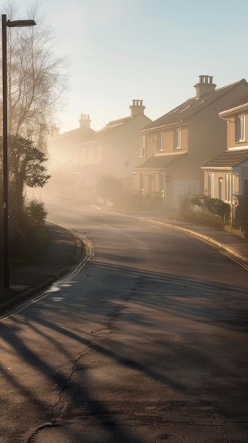 Een rustige voorstedelijke straat bij zonsopgang met mist en zacht licht