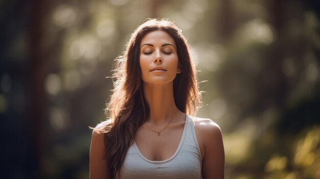 Een rustige vrouw in een rustige buitenomgeving die gracieus een yoga-houding beoefent met een serene uitdrukking en focus