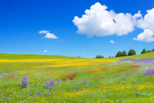 Een rustige weide met kleurrijke wilde bloemen en een heldere blauwe achtergrond of behang