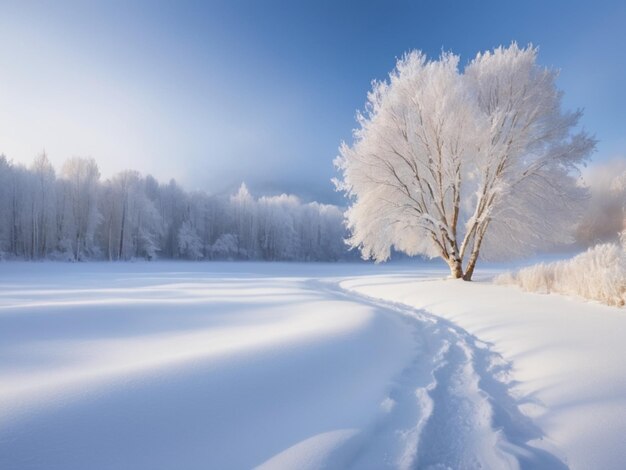 Een rustige winterse scène met een eenzame witte berk bedekt met sneeuw
