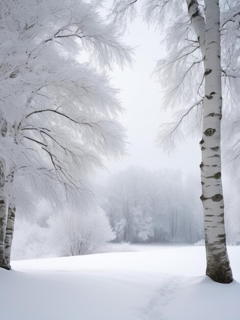 Een rustige winterse scène met een eenzame witte berk bedekt met sneeuw