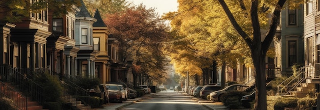 Een rustige woonstraat met bomen omzoomde sidewa Horizontale banner AI gegenereerd