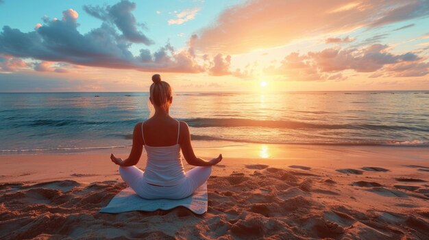 Een rustige yoga sessie op een strand bij zonsopgang schitterend