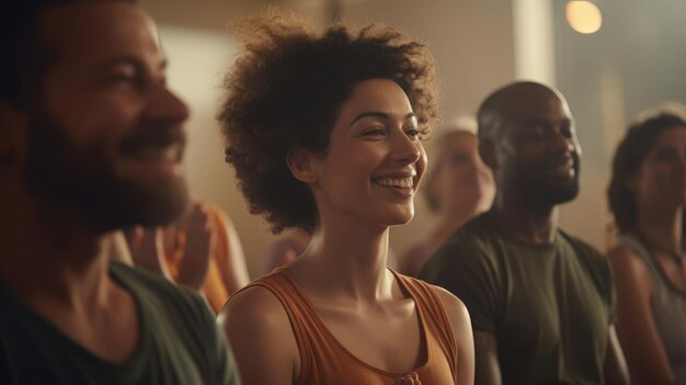 Foto een rustige yogasessie omvat deelnemers van alle niveaus