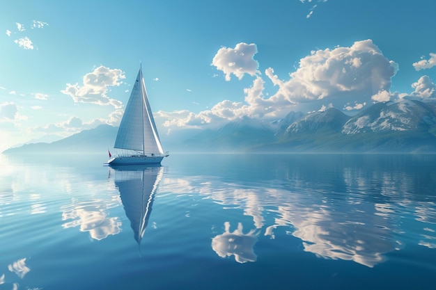 Een rustige zeilboot glijdt over een glazen meer.