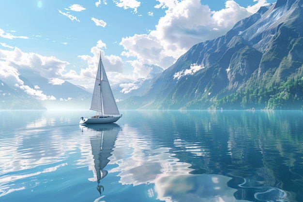 Een rustige zeilboot glijdt over een glazen meer.