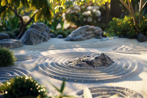 Een rustige Zen-tuin met gerakeld zand