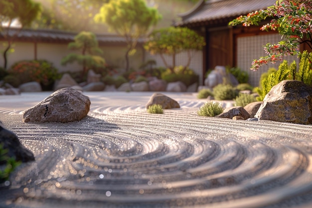 Een rustige Zen-tuin met gerakeld zand