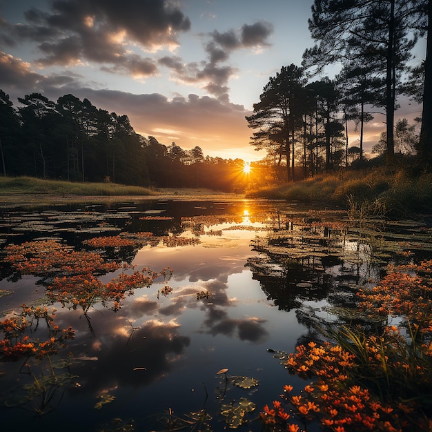 Een rustige zonsondergang over een serene meer omringd door weelderigheid.