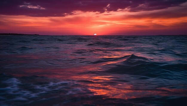 Een rustige zonsondergang over het blauwe water en een dramatische lucht gegenereerd door AI