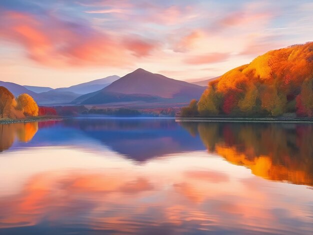 Een rustige zonsondergang over het water die de levendige herfstgebergte weerspiegelt