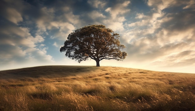 Een rustige zonsondergang silhouetteert de groei van bomen boven een weide die is gegenereerd door AI