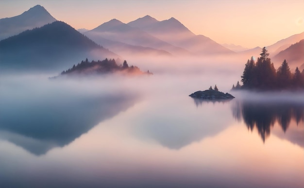 Een rustige zonsopgang boven een mistig bergmeer met levendige tinten die reflecteren op de branding van het water