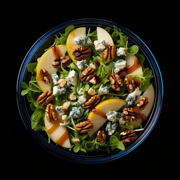 een salade met appels en pecans en blauwe kaas in de stijl van transparantie en ondoorzichtigheid