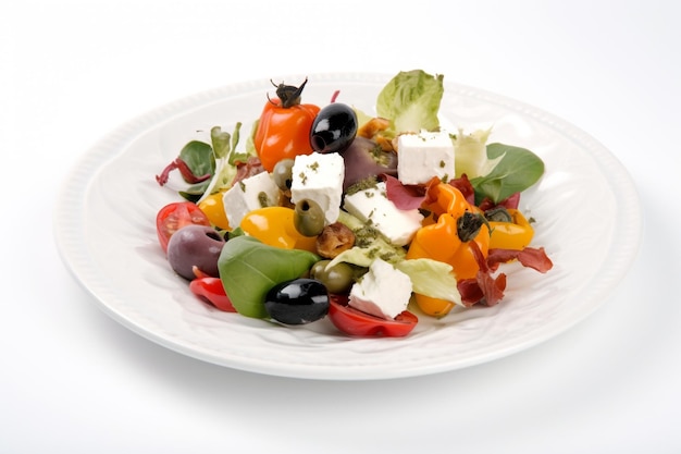 Een salade met feta en feta op een witte plaat