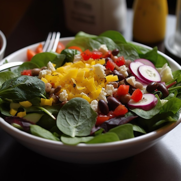 Een salade met fetakaas en fetakaas in een kom.