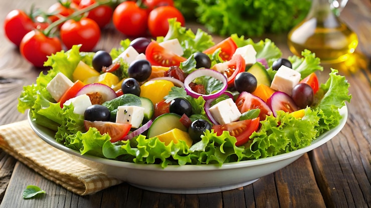 Foto een salade met kaas, tomaten en komkommer