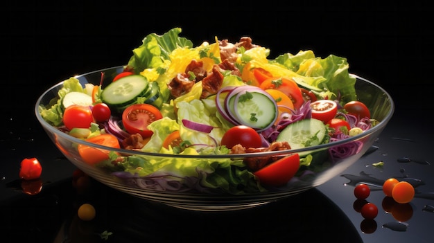 Een salade met sla, tomaten, komkommers en spek.