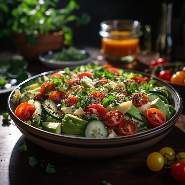 Een salade met tomaten, komkommer en komkommer.