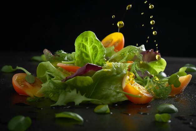 Een salade met waterdruppels erop