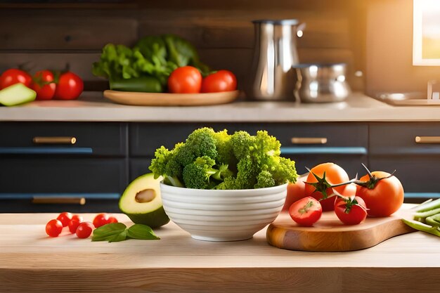 Een salade van groenten en fruit op een houten tafel.