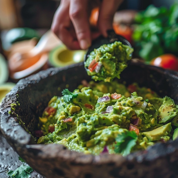 Foto een salsa gemaakt van avocado, uien, tomaten, cilantro en limoensap, meestal geserveerd met maïs tortillas