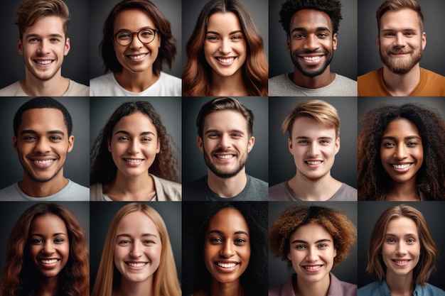 Een samengesteld portretbeeld wordt gecreëerd door een collage van een grote groep lachende mensen die de diversiteit van de individuen en hun uitingen van geluk laten zien Generatieve AI