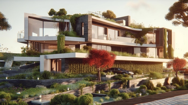 Een samensmelting van moderne architectuur, een plat dak, een balkon en door AI gegenereerde landschapsarchitectuur