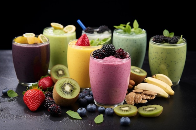 Foto een samenstelling van verse biologische fruit smoothies die de gezondheid, natuurlijke ingrediënten en detox symboliseren.