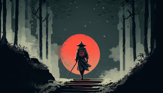 Een samoerai staat 's nachts op een trap in een bos met een rode maan op de achtergrond