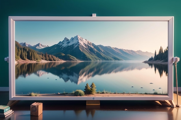 Foto een samsung display toont een landschap met bergen op het scherm.