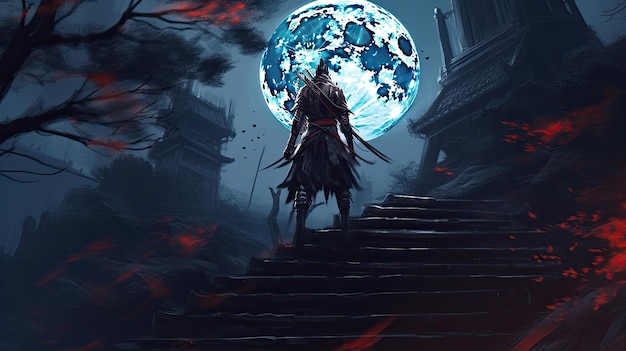 Een samurai die op een trap staat in het nachtbos met de maan op de achtergrond Japanse samurai Generative ai