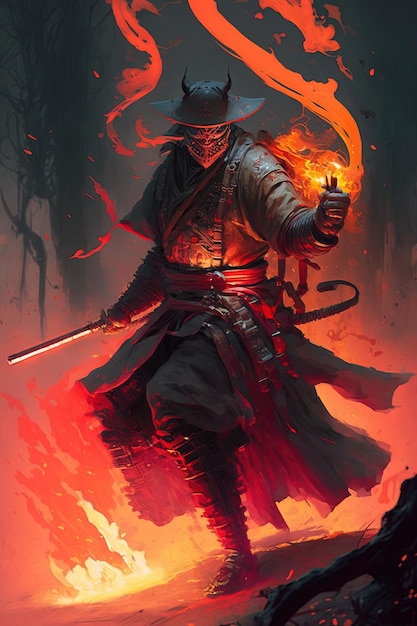 Een samurai in een demonisch rood masker op het slagveld maakt een zwaai met een katana en creëert een zinderende vuurring eromheen. Hij is een mystieke krijgshaftige illustratie die AI generatief schildert