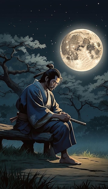 Een samurai in een maanlicht nacht generatieve AI