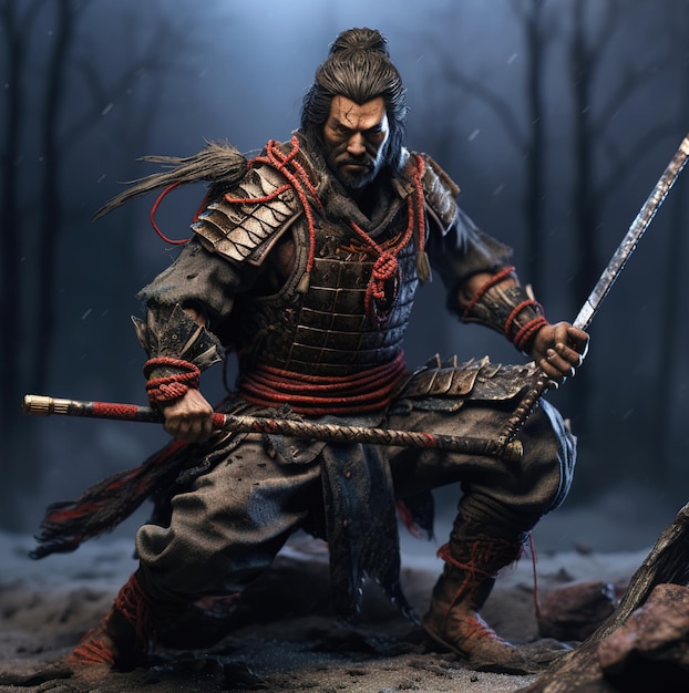 Een samurai krijger met een zwaard in zijn hand.