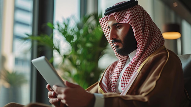 Een Saoedische figuur met een tablet zit op de werkplek tegen een witte achtergrond