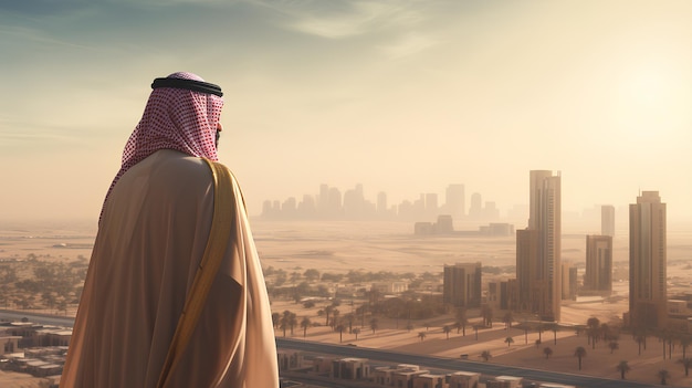 Een Saoedische man mediteert en kijkt met trots naar de stad Riyadh