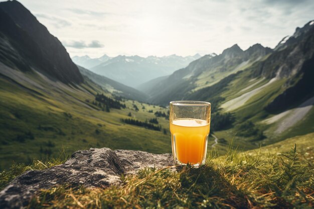 Foto een sap met uitzicht op de bergen.