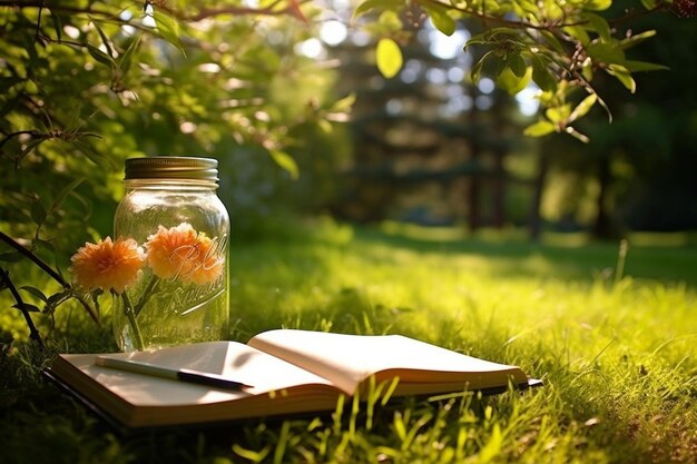 Een sapfles en een schetsboek in een rustige tuin