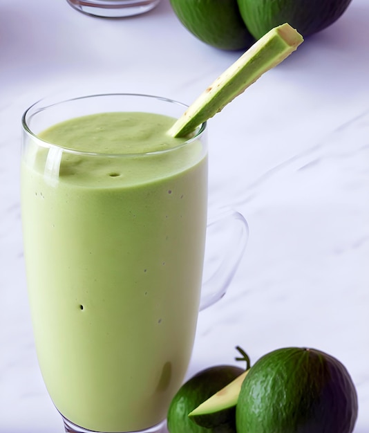 een sapglas vol avocadoshake op een witte tafel